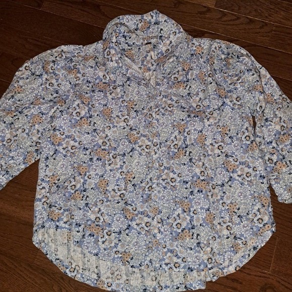 Free People Floral Button Down Blouse Blue Puff Sleeve Pleated Boho Top - Picture 7 of 12
